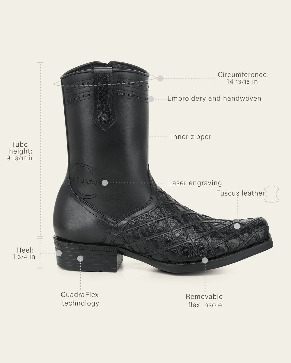 1J4RFY - Cuadra black casual fashion caiman leather zip ankle boots for men