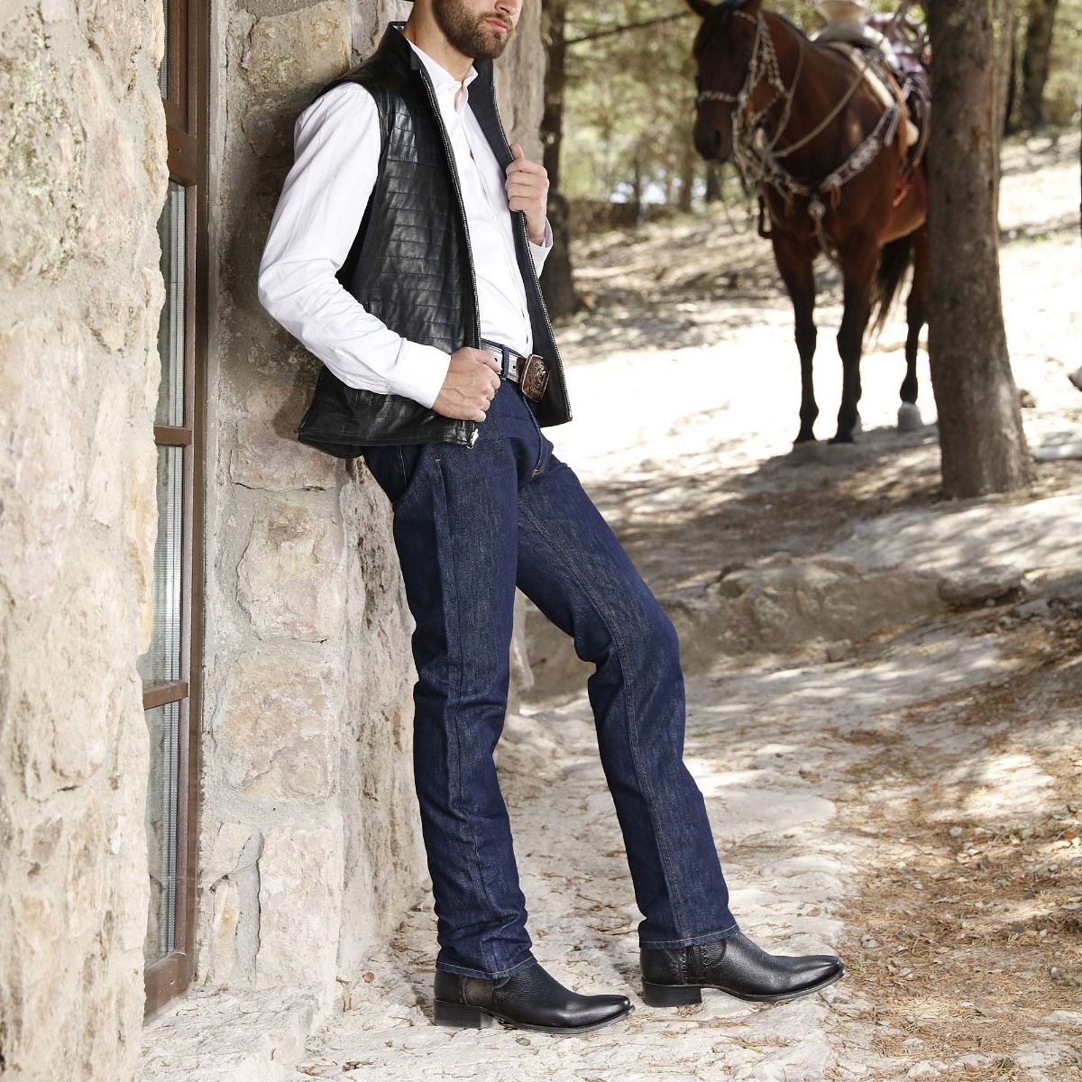 3C12VE - Cuadra black casual fashion cowboy deer leather mid boots for men-Kuet.us