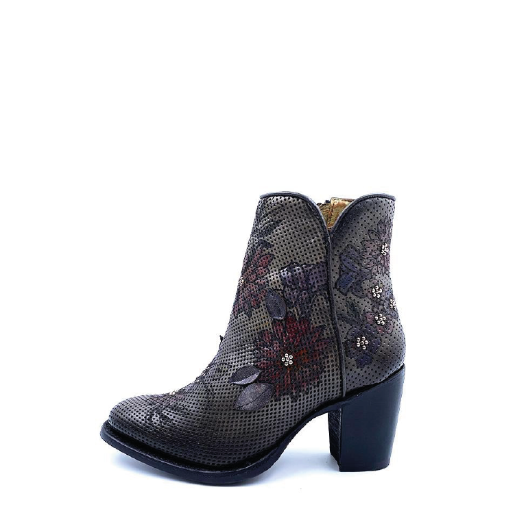 3W06RS - Cuadra gray western cowgirl floral leather ankle boots for women-Kuet.us
