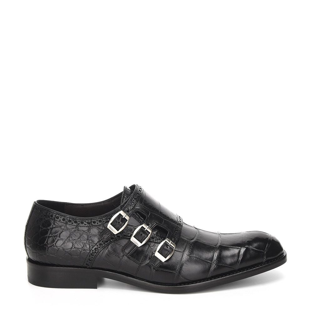 44FLPLP - Cuadra black classic dress alligator triple monk strap shoes for men-Kuet.us