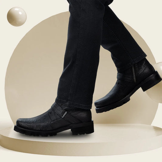 4D24AB - Cuadra Black Dress Casual Ostrich Leather Zip Ankle Boots