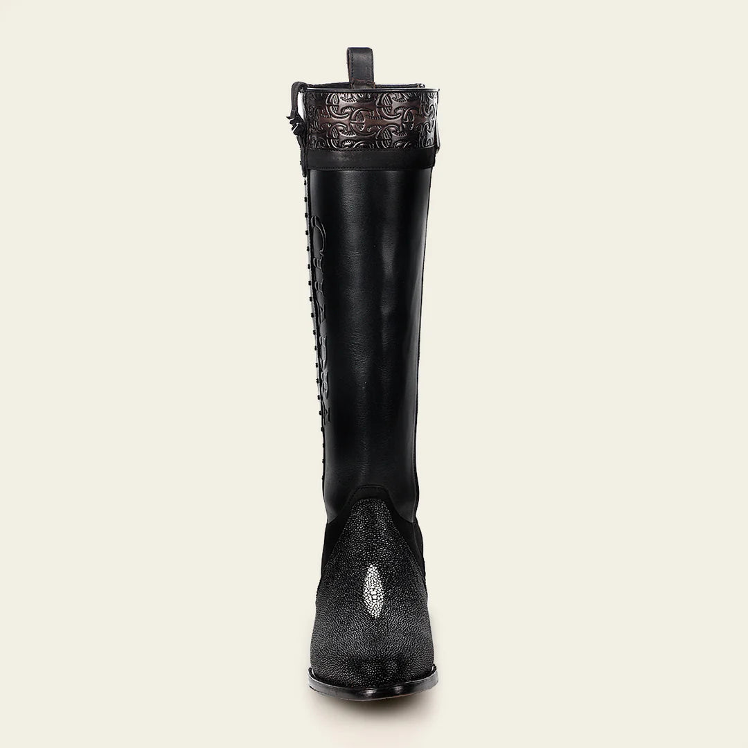 4X01MA - Cuadra black casual fashion leather strapped tall boots for women