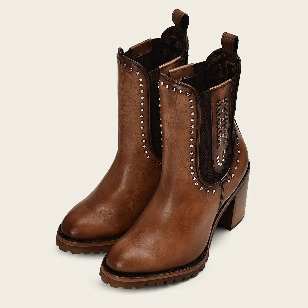 4N01RS - Cuadra brown fashion western leather studs ankle booties for women-Kuet.us