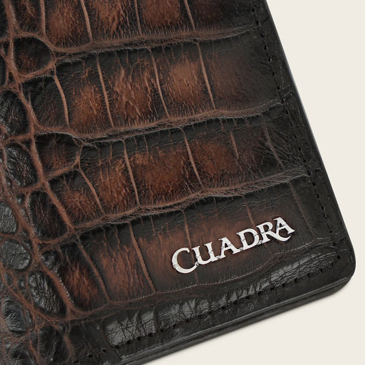 B3007AL - Cuadra chocolate burnished alligator leather vertical bifold wallet for men