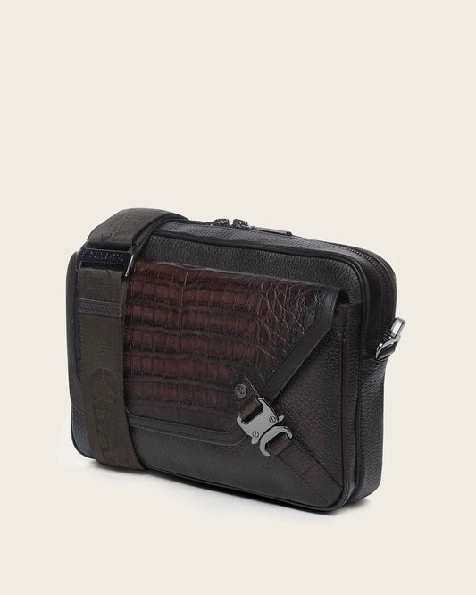 BOC28FY - Cuadra Chocolate Casual Caiman Leather Crossbody Messenger Bag for Men