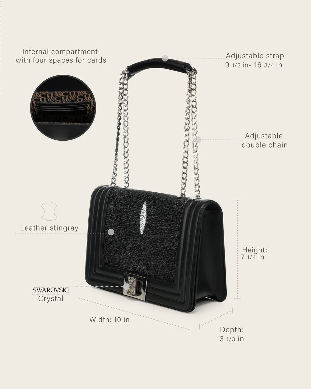 BOD3EMA - Cuadra Black Stingray Crystal Shoulder Bag for Women