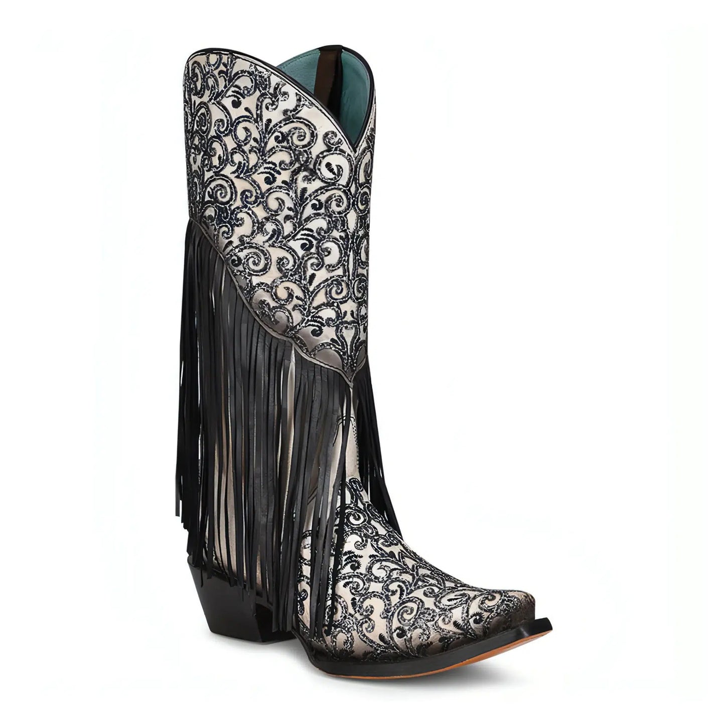 C3877 - M Corral black and white western cowgirl leather fringe boots for women-Kuet.us