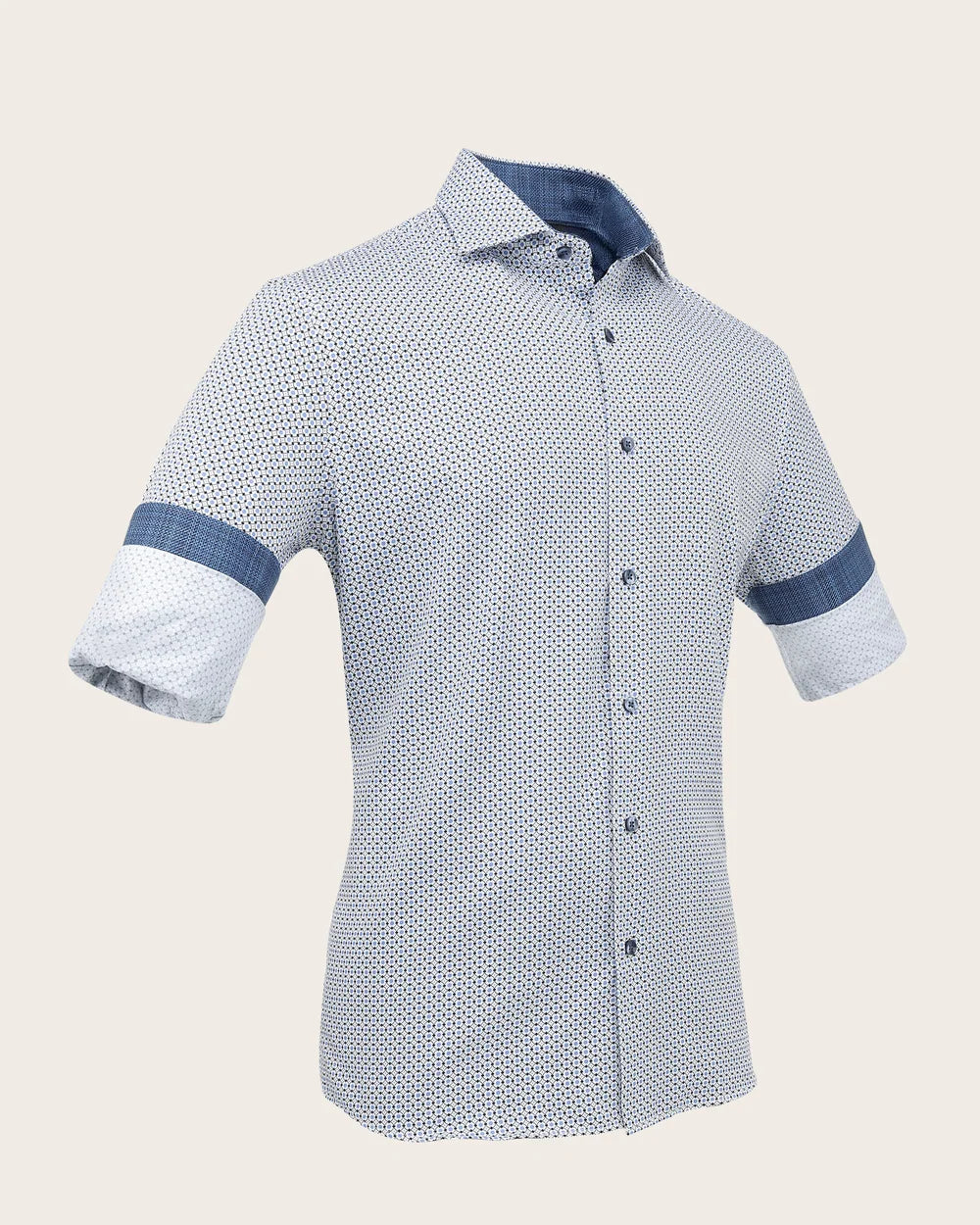 CM04019 - Cuadra blue dot lattice print shirt with chambray trim for men