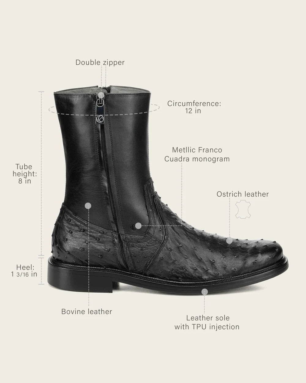 G10AVTS - Franco Cuadra black dress casual ostrich leather zip ankle boots for men