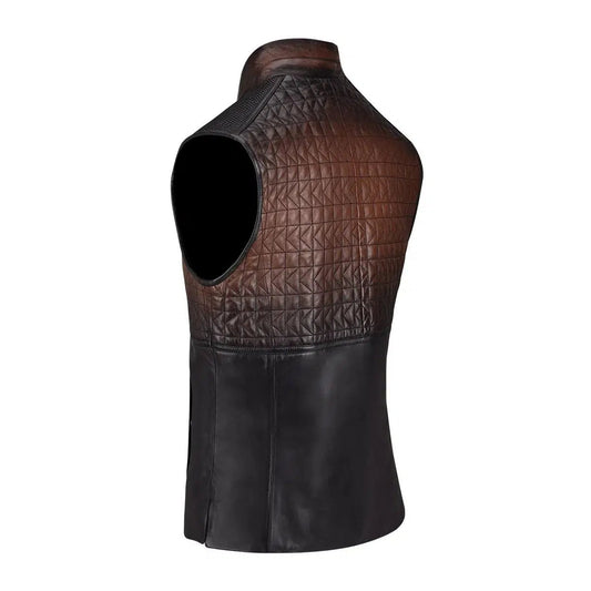 H295COB- Cuadra black and brown casual lambskin leather quilted vest for men-Kuet.us