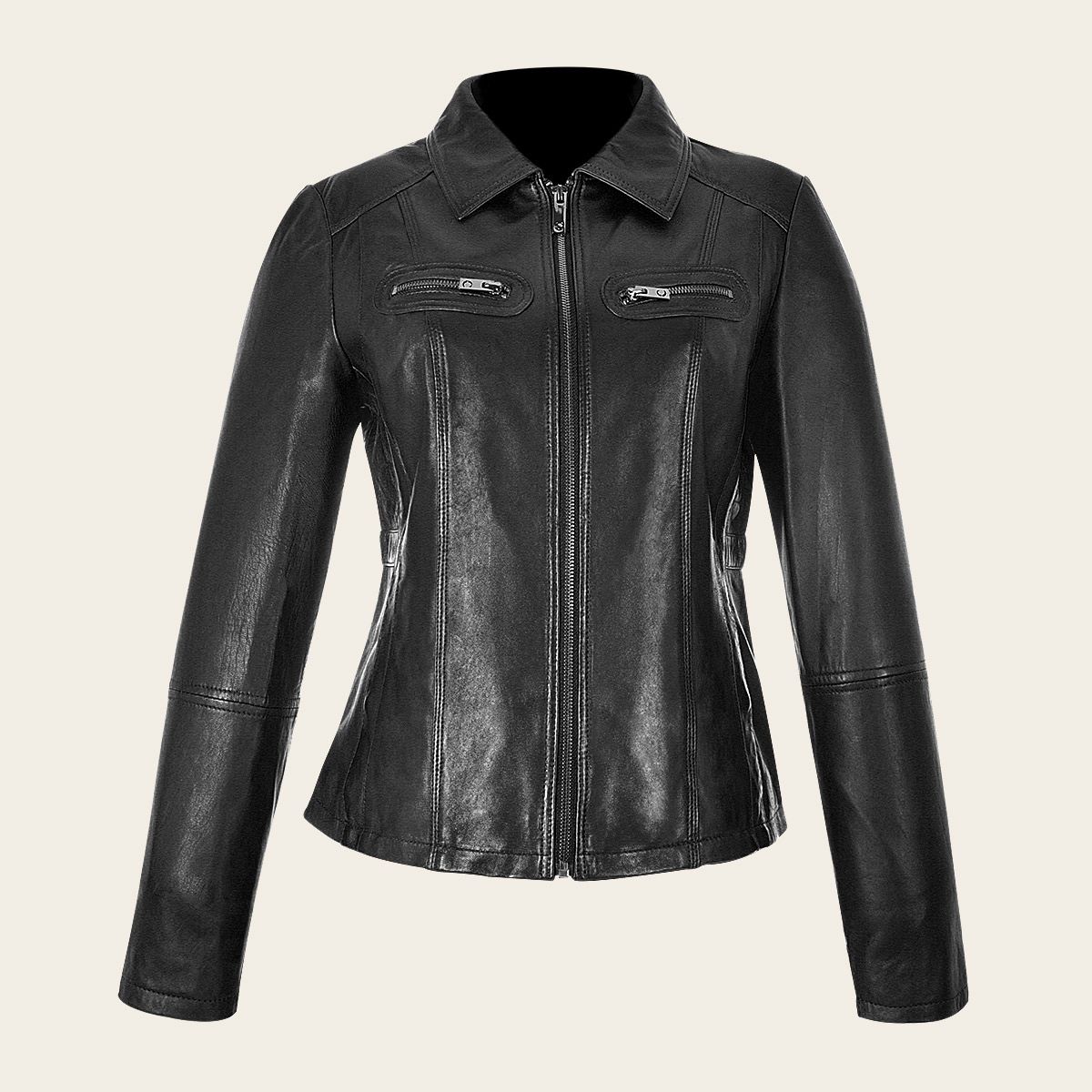 Womens Black leather jacket with decorative pockets Womens Black leather jacket with decorative pockets