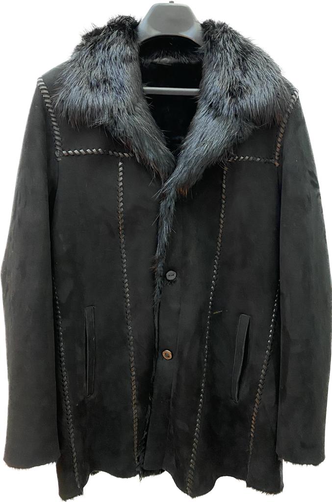 RCPB15TB - Cuadra black western sheepskin jacket with fur and beaver fur for men-Kuet.us