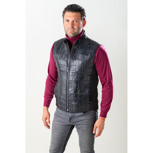 VL003G - Cuadra black casual fashion full exotic alligator leather vest for men-Kuet.us