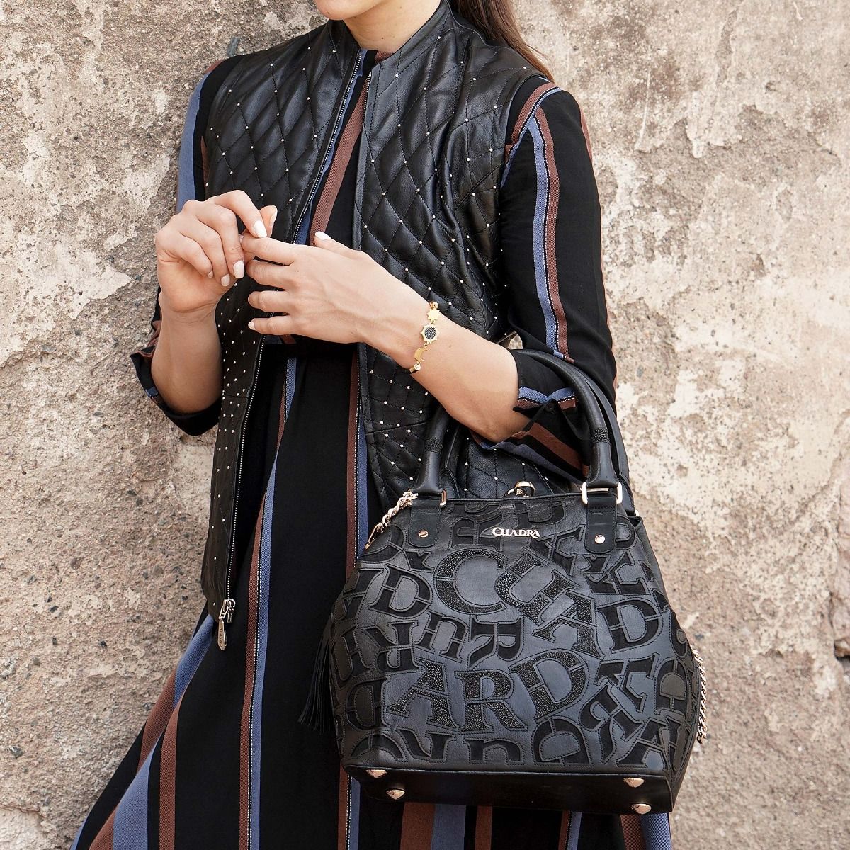 BO399MA - Cuadra black fashion leather folding canvas tote bag for women-Kuet.us