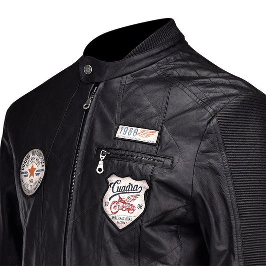 H195BOC - Cuadra black fashion moto racer patched leather jacket for men-Kuet.us