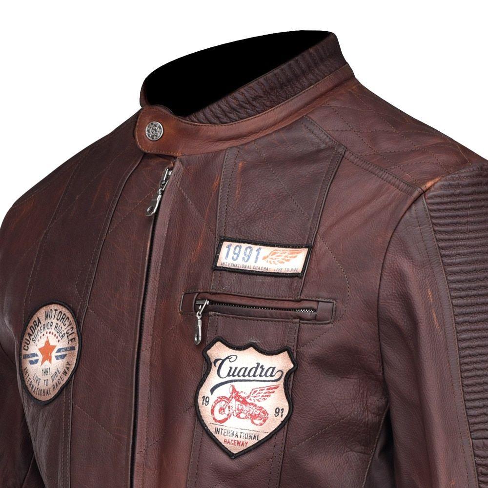 H195BOC - Cuadra brown fashion moto racer patched leather jacket for men-Kuet.us