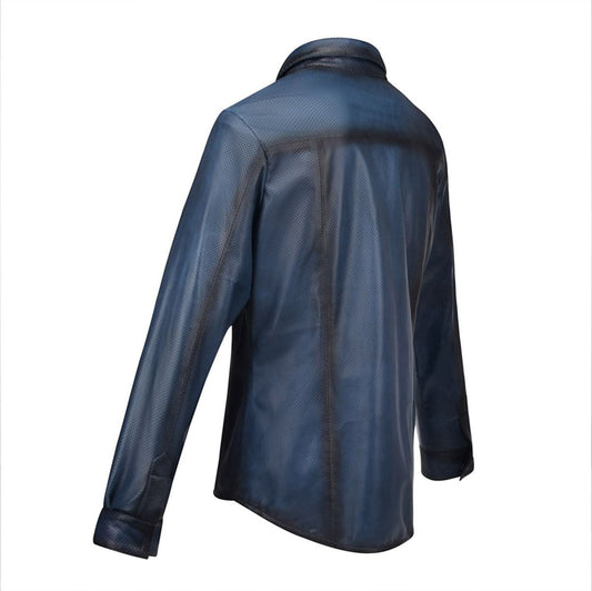 H265COC - Cuadra denim blue western fashion leather shirt jacket for men-Kuet.us