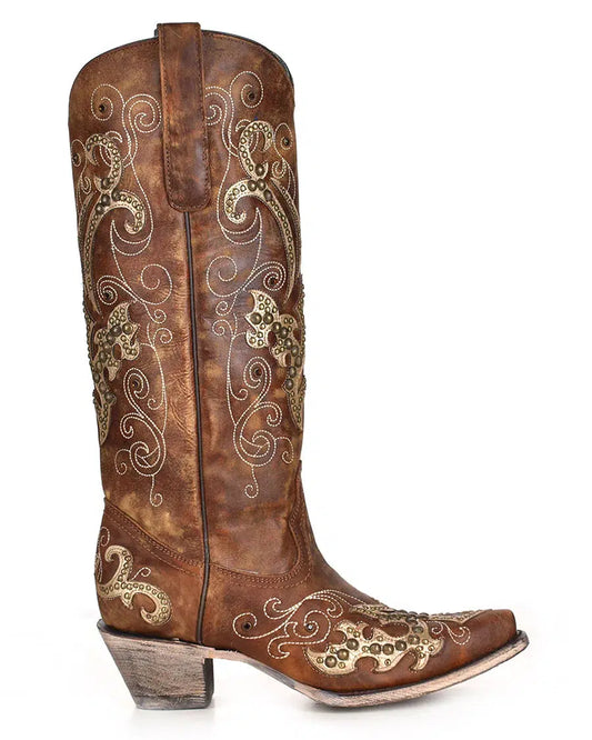 A3638 - Corral brown western cowgirl leather tall boots for women-Kuet.us
