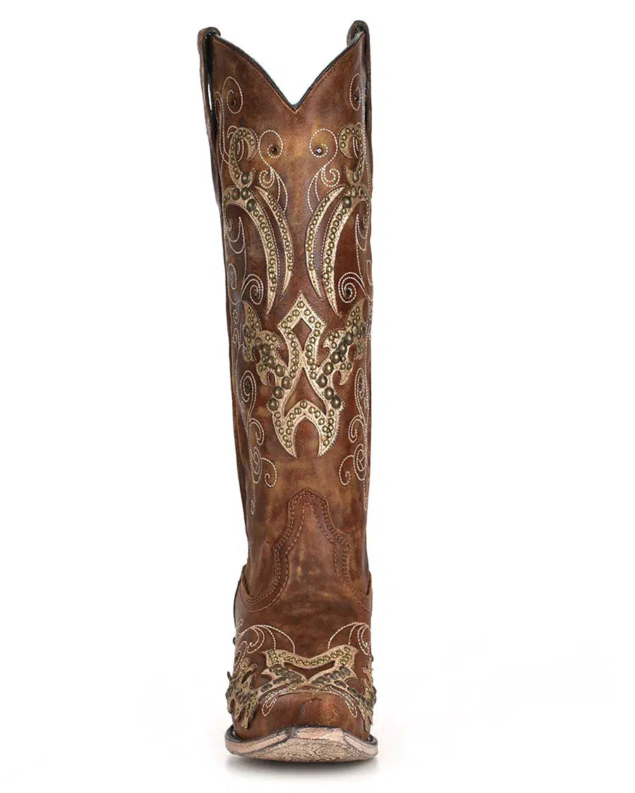 A3638 - Corral brown western cowgirl leather tall boots for women-Kuet.us