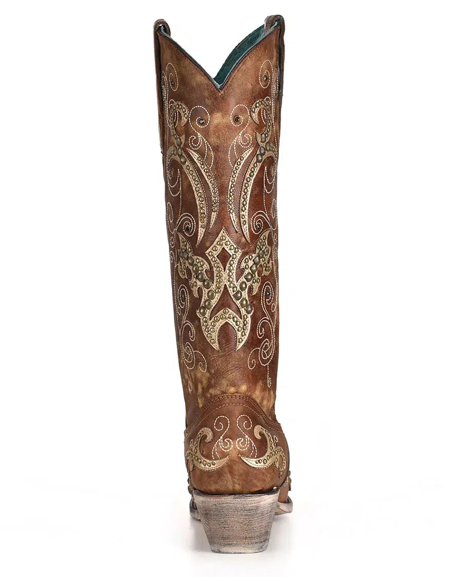 A3638 - Corral brown western cowgirl leather tall boots for women-Kuet.us