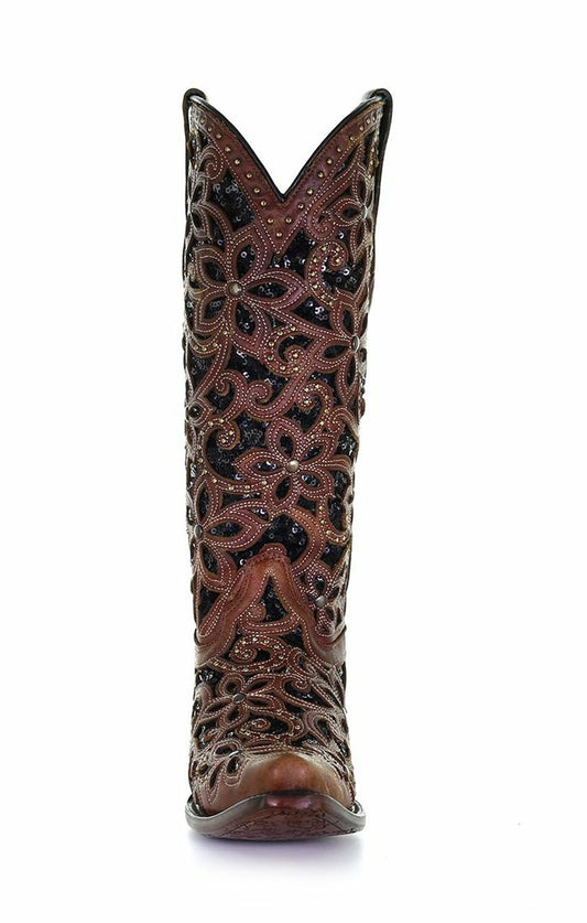 A4083 - Corral tan/black western cowgirl leather boots for women-Kuet.us