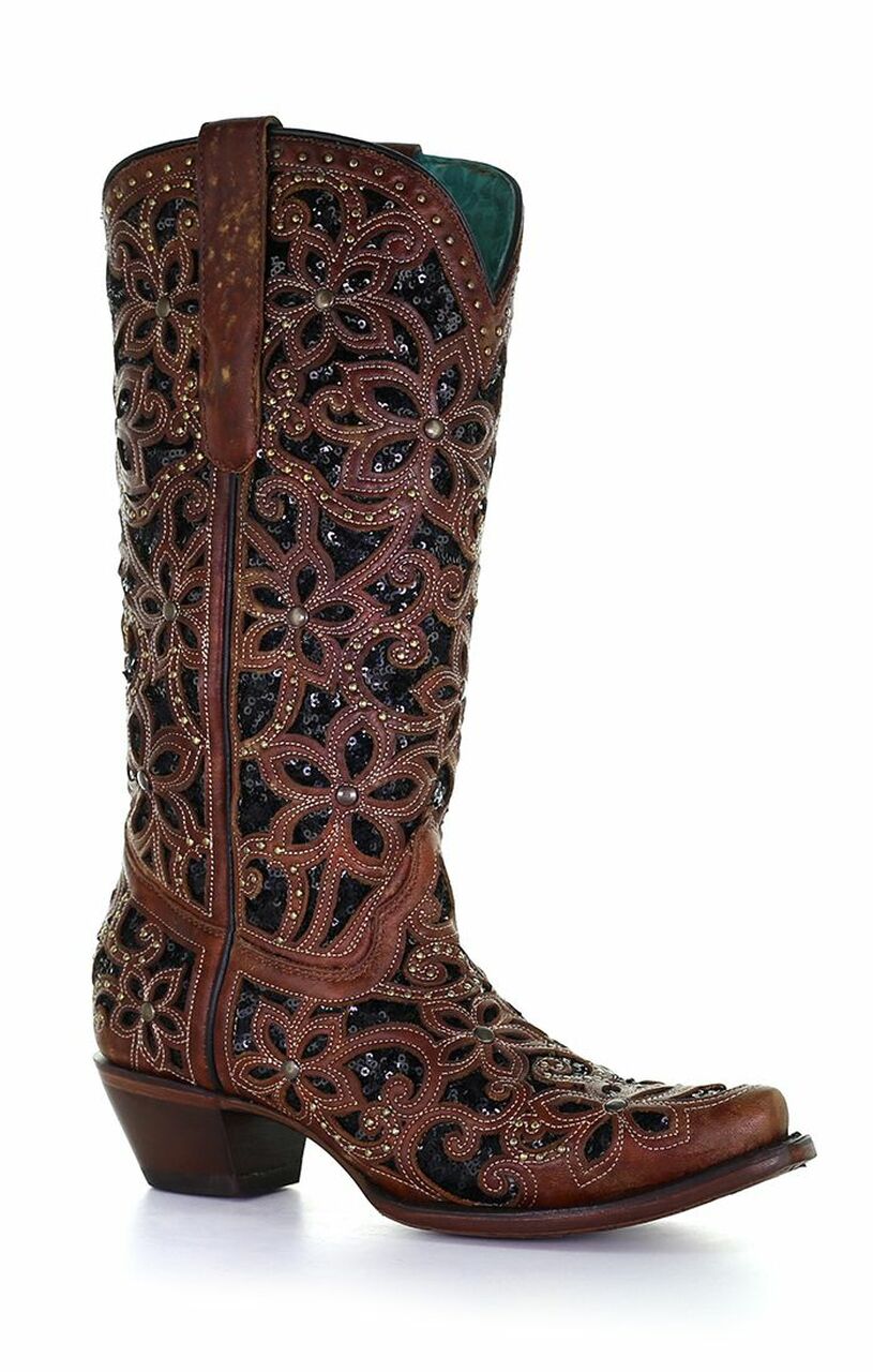 A4083 - Corral tan/black western cowgirl leather boots for women-Kuet.us