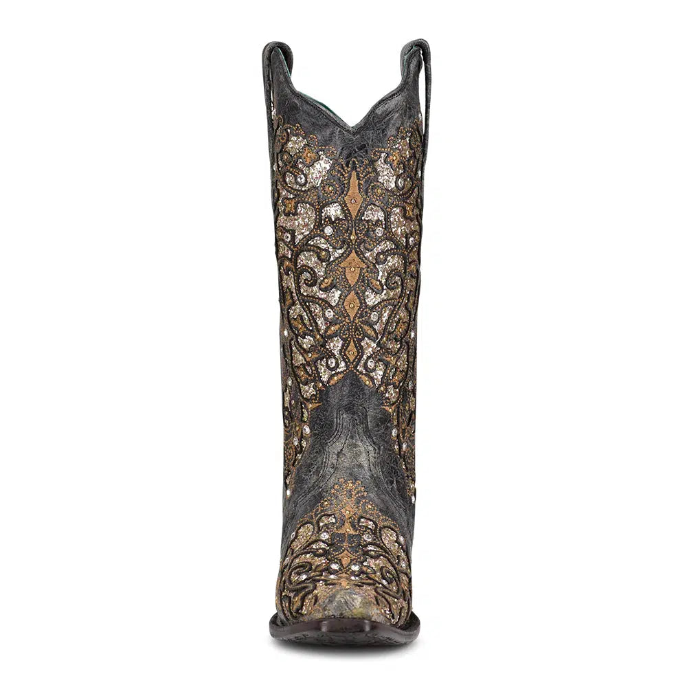 A4231 - Corral black western cowgirl leather sequins crystals tall boots women-Kuet.us