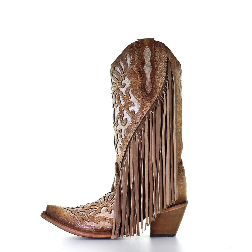 C3766- M Corral white and brown western cowgirl leather boots for women-Kuet.us