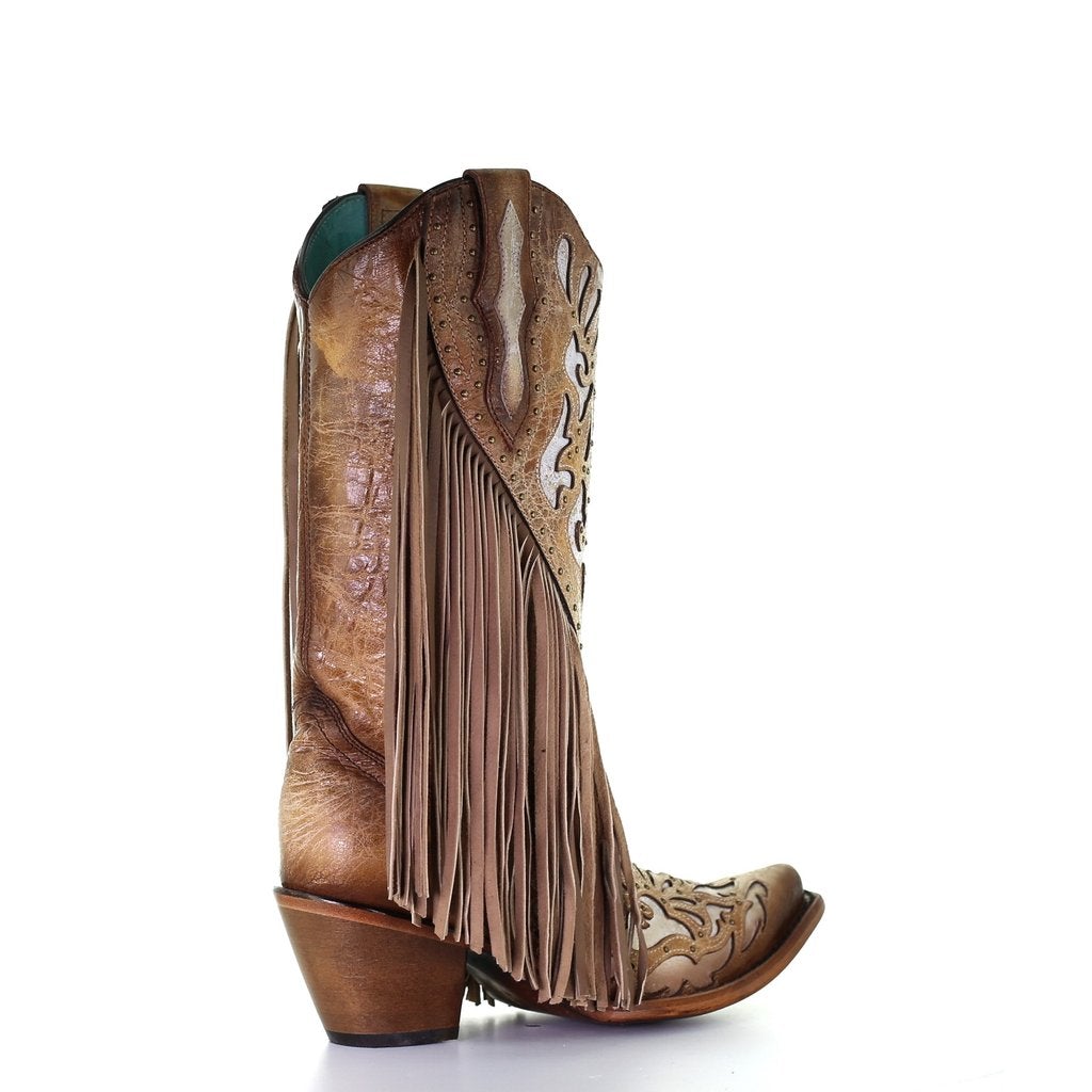 C3766- M Corral white and brown western cowgirl leather boots for women-Kuet.us