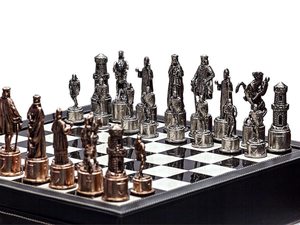 Luxury black leather and marble chess set board with roman chessmen-Kuet.us