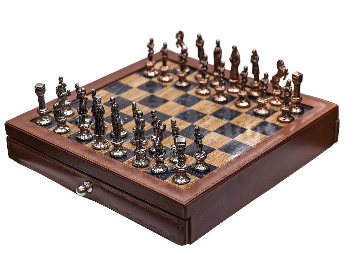 Luxury brown leather and marble chess set board with roman chessmen-Kuet.us