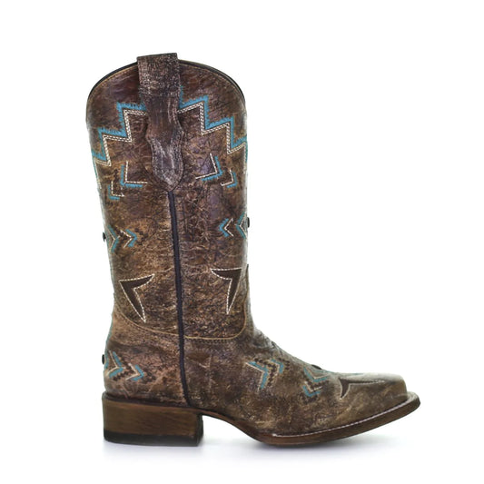 E1052 - Corral bronze roper western cowgirl leather boots for teens