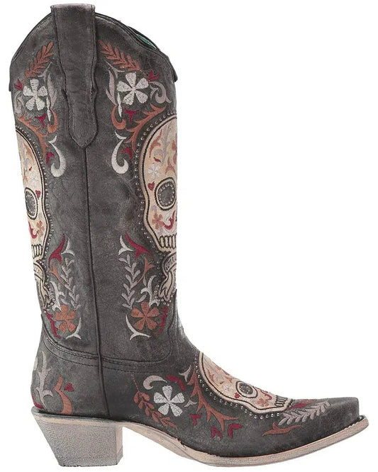 E1587 - Corral black skull western cowgirl leather boots for women-Kuet.us