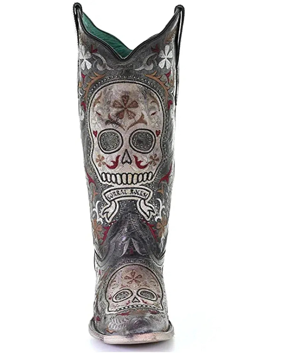 E1587 - Corral black skull western cowgirl leather boots for women-Kuet.us