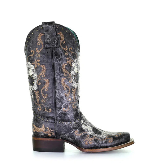 Z5005 - Corral black skull western cowgirl leather boots for women-Kuet.us