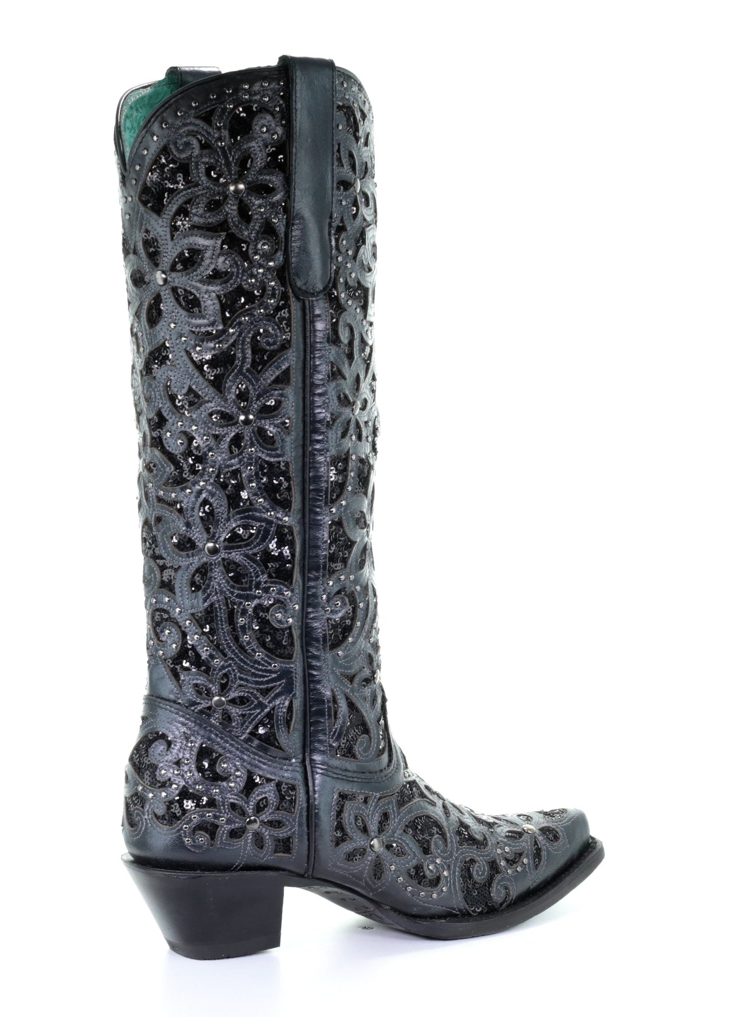 A3589 - Corral black western cowgirl leather sequins knee-high boots for women-Kuet.us