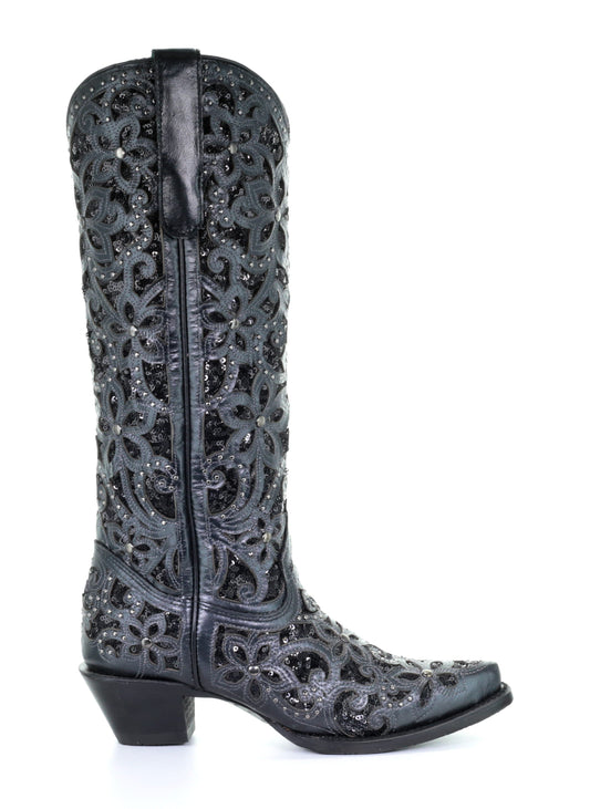 A3589 - Corral black western cowgirl leather sequins knee-high boots for women-Kuet.us