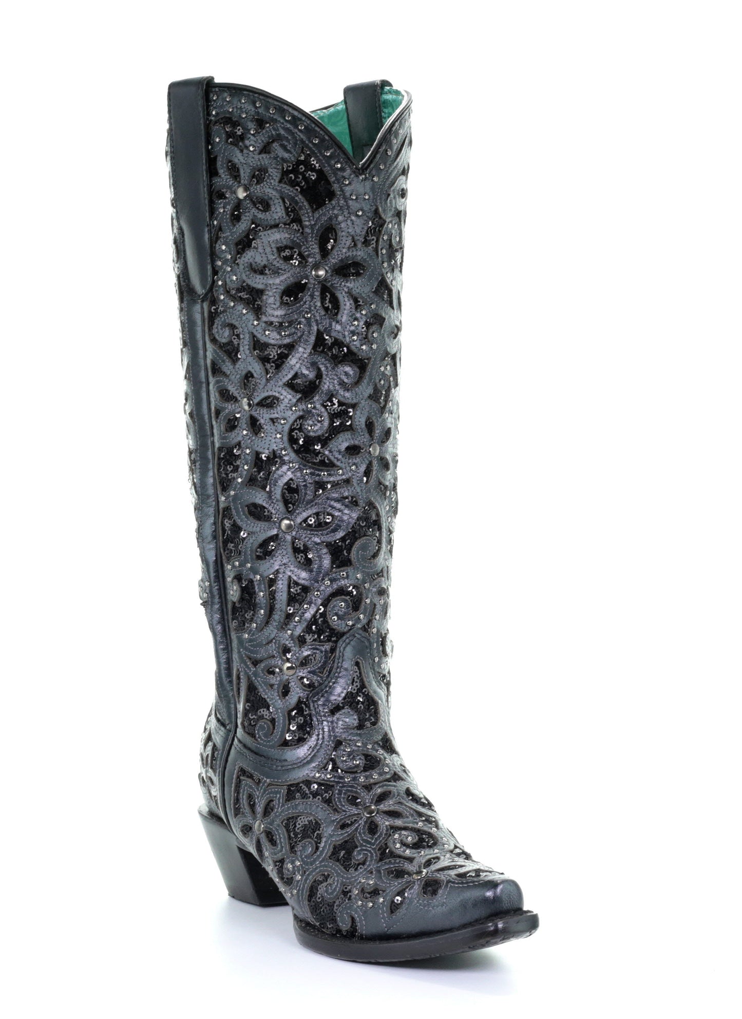 A3589 - Corral black western cowgirl leather sequins knee-high boots for women-Kuet.us