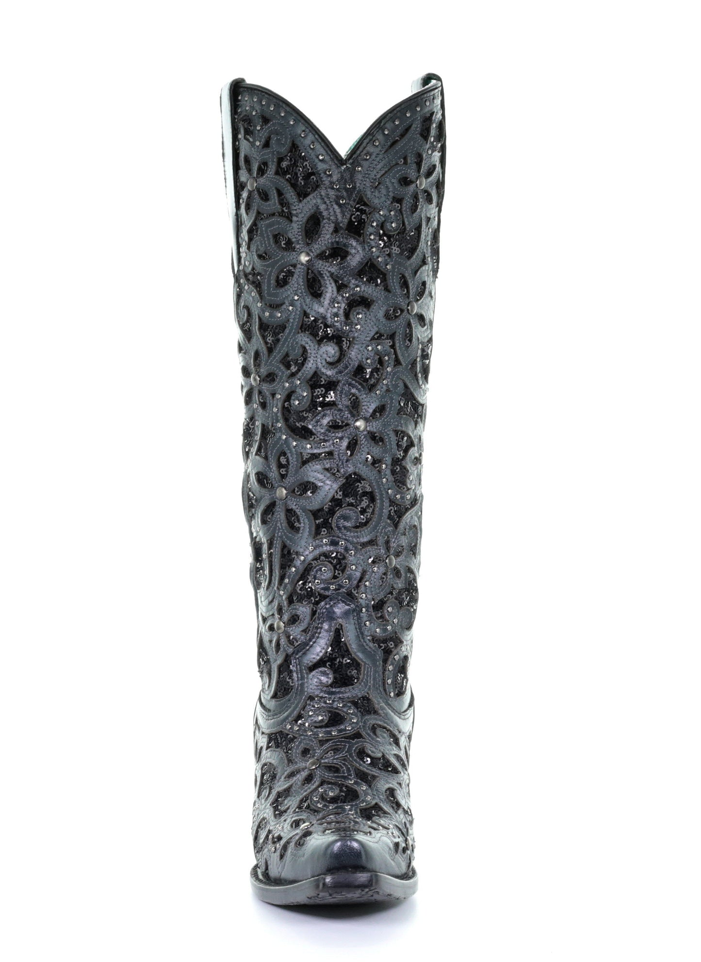 A3589 - Corral black western cowgirl leather sequins knee-high boots for women-Kuet.us