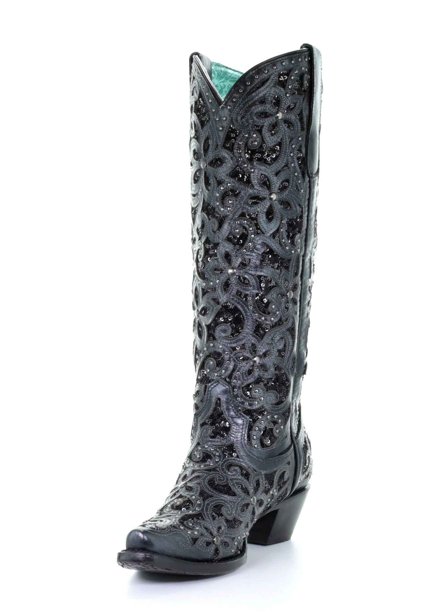 A3589 - Corral black western cowgirl leather sequins knee-high boots for women-Kuet.us