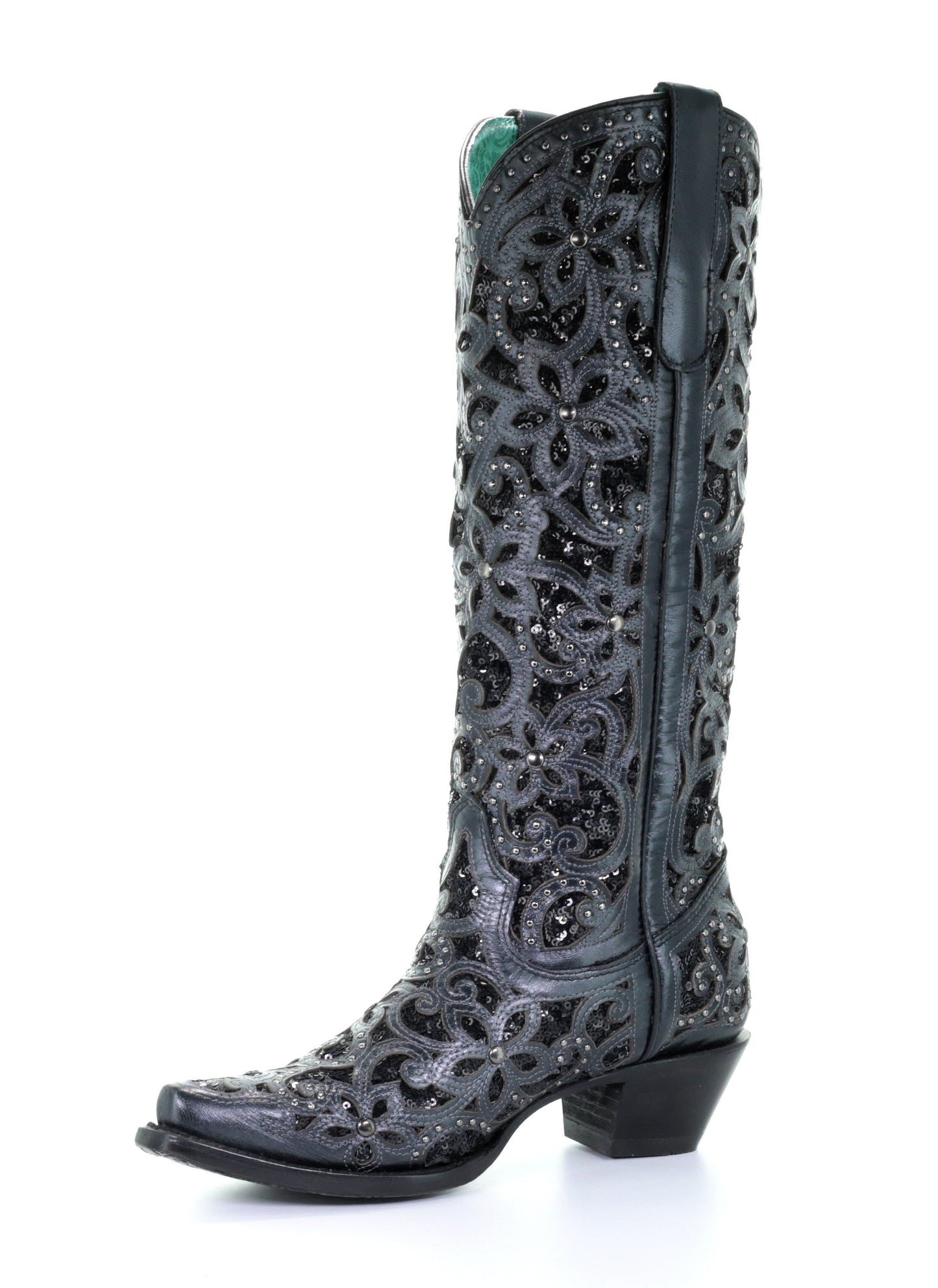 A3589 - Corral black western cowgirl leather sequins knee-high boots for women-Kuet.us