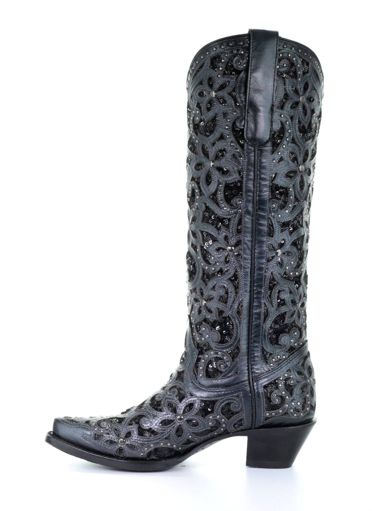 A3589 - Corral black western cowgirl leather sequins knee-high boots for women-Kuet.us