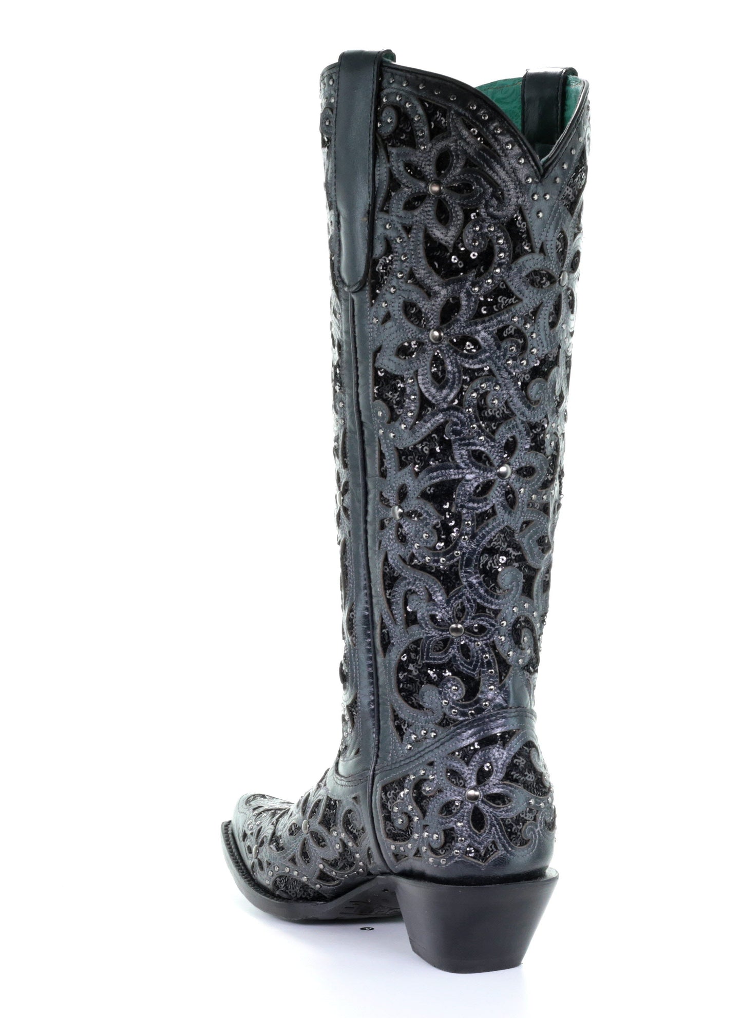 A3589 - Corral black western cowgirl leather sequins knee-high boots for women-Kuet.us