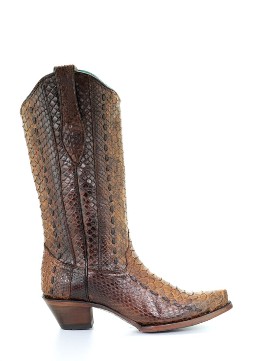 A3659 - Corral brown western cowboy python leather boots for women-Kuet.us