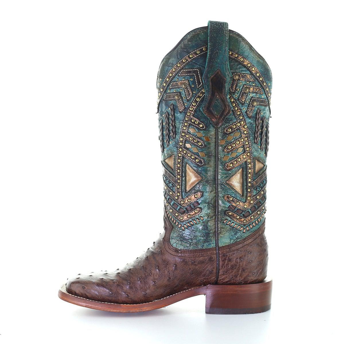 A4059 - Corral brown western cowgirl ostrich boots for women-Kuet.us