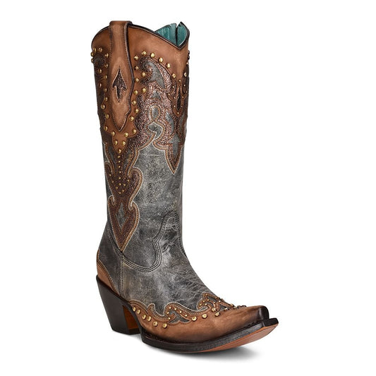 C3787 LD ALMOND LASER & EMBROIDERY & STUDS & ZIPPER BOOT-Kuet.us