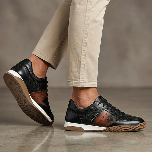 1B0BIVN - Franco Cuadra black pebbled leather brogue stripe sneakers for men
