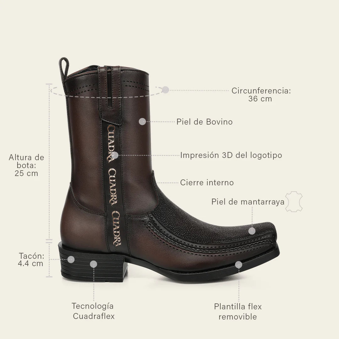 1J4JMA - Cuadra Chocolate Dress Cowboy Stingray Leather Zip Ankle