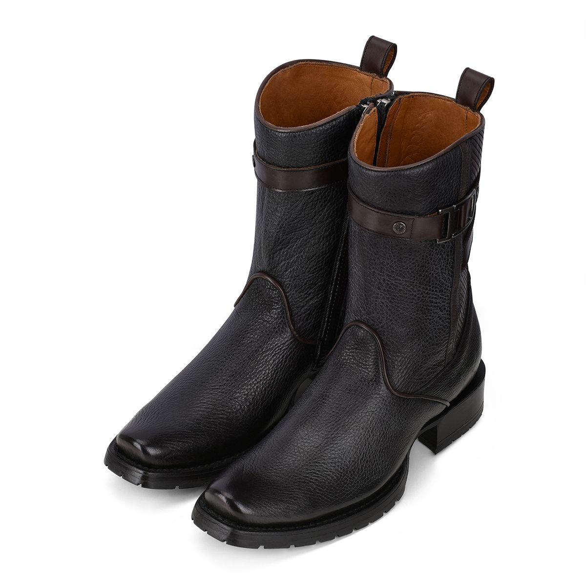 1J2JRS - Cuadra black casual cowboy cowhide leather zip ankle boots for men-Kuet.us