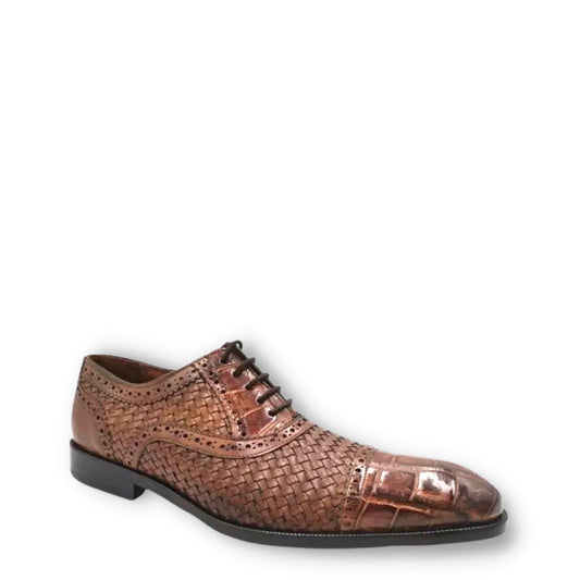 28FLPUE - Cuadra brown dress alligator woven oxford cap toe shoes for men-Kuet.us